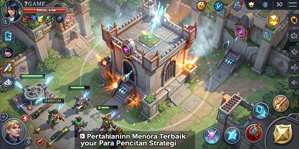 Tangkapan layar 7GAME menampilkan aksi menara pertahanan yang intens.