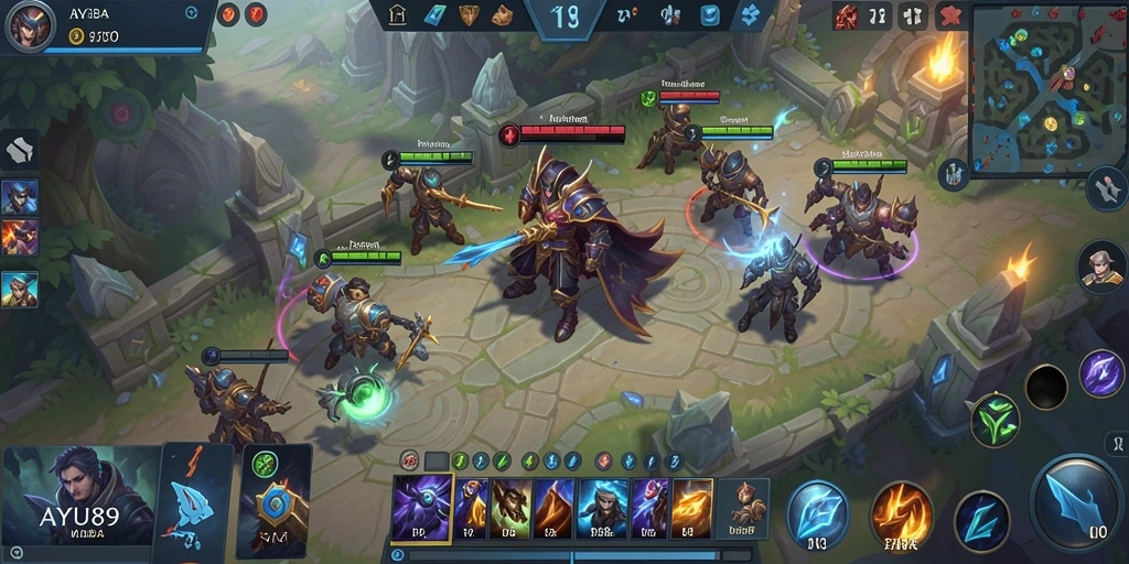 Tangkapan layar AYU89 menampilkan aksi pertarungan MOBA yang seru.