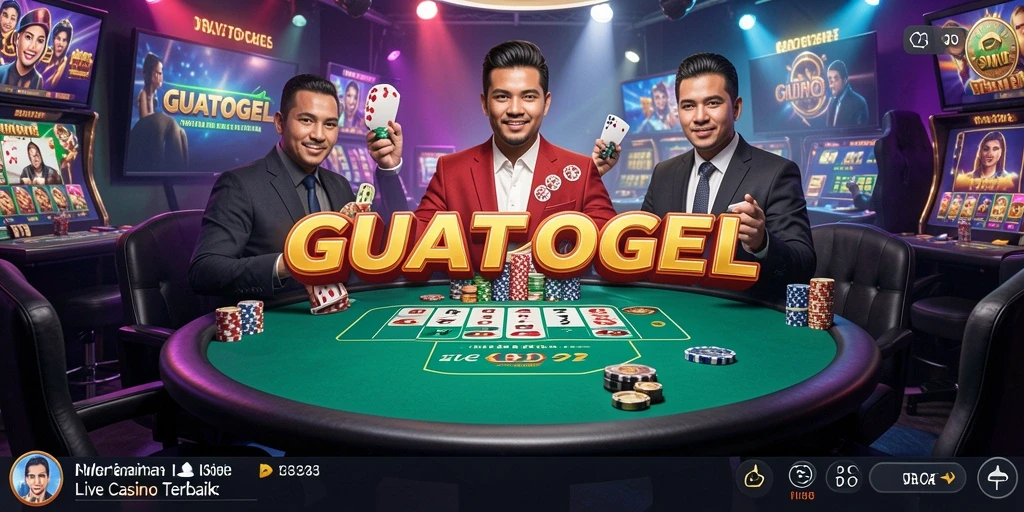 Screenshot utama GUATOGEL menampilkan dealer live dalam suasana permainan kasino.