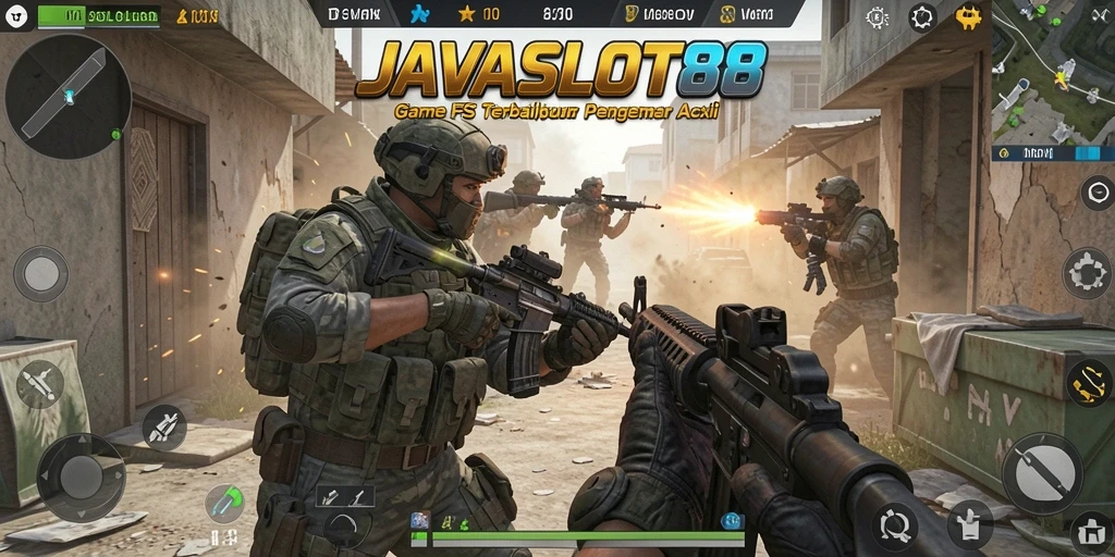 Screenshot utama menunjukkan aksi seru dalam gameplay FPS JAVASLOT88.