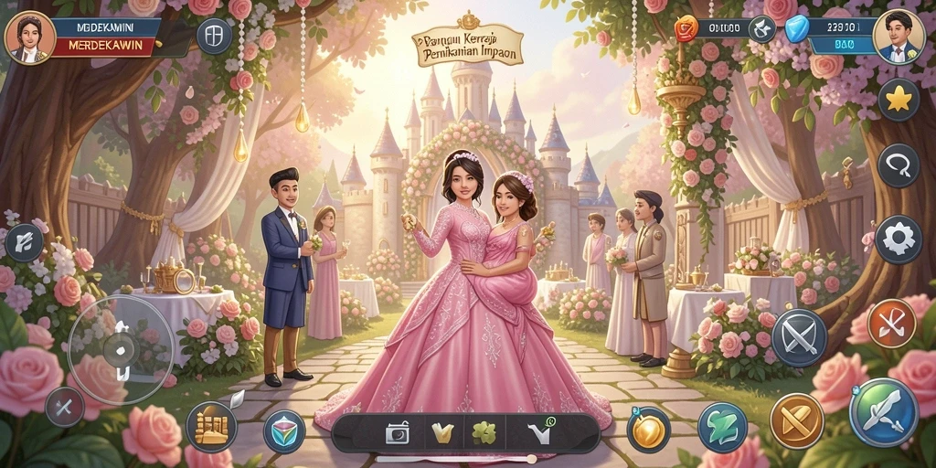 Screenshot gameplay MERDEKAWIN yang menampilkan perencanaan pernikahan.