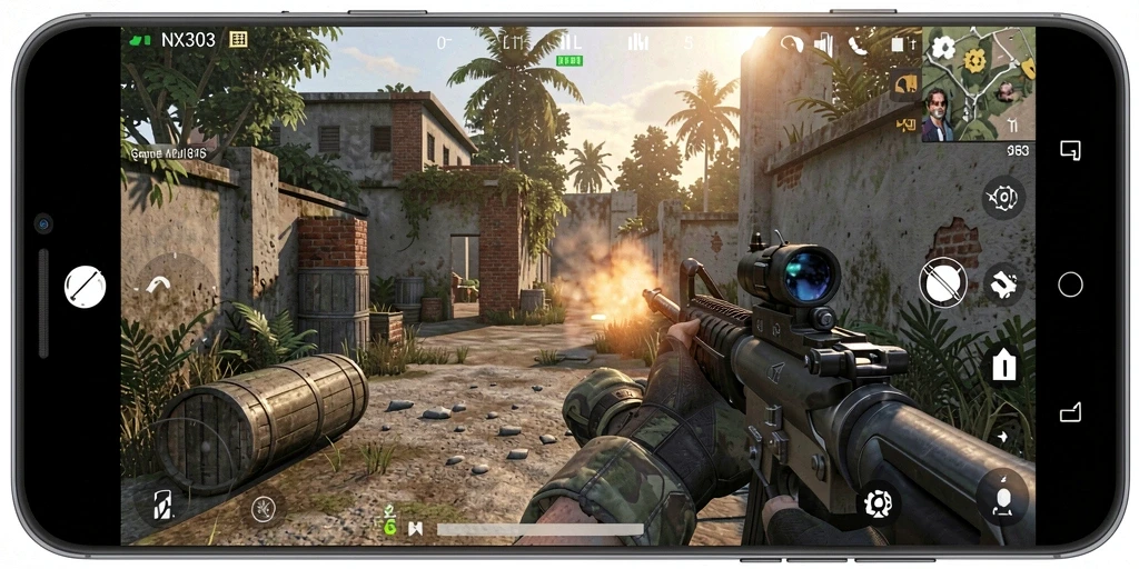 Tampilan gameplay NX303 yang menegangkan dan penuh aksi di medan perang.