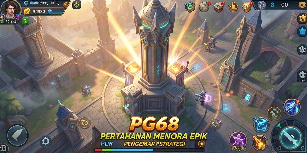 Tampilan gameplay PGG68 dengan menara yang memukau.