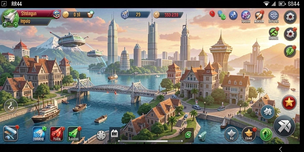 Tampilan screenshot gameplay RR44 yang menunjukkan pembangunan kota SLG.