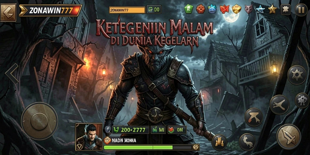 Screenshot gameplay ZONAWIN777 menunjukkan kegelapan menakutkan dengan makhluk horor.